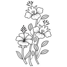 flowers are drawn in black and white with leaves on the stems, as well as one flower