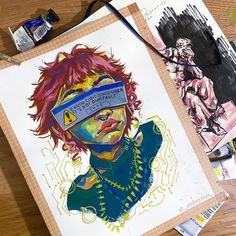 a drawing of a woman with red hair and blindfolds on top of a piece of paper