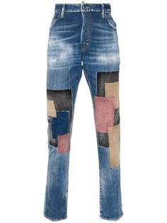 blue/multicolour cotton blend denim patchwork design distressed effect belt loops button fly fastening skinny cut classic five pockets straight hem Multicolor Patchwork Denim Jeans, Designer Cotton Jeans, Designer Blue Jeans With Five Pockets, Designer Blue Cotton Jeans, Designer Straight Leg Denim Blue Jeans, Multicolor Distressed Cotton Jeans, Designer Dark Wash Denim Bottoms, Designer Denim Straight Leg Pants, Multicolor Distressed Denim Jeans