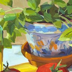 an oil painting of tomatoes and basil in a bowl