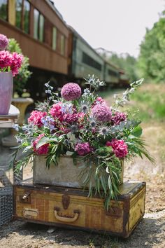 a suitcase with flowers in it sitting on the ground next to a train and some plants