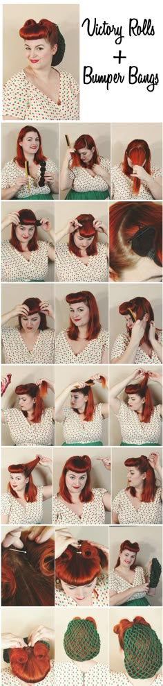 how to style retro pin up hair- victory rolls and faux bumper bangs with a 1940s hair snood net via va-voom vintage Maquillage Pin Up, Bumper Bangs, Vintage Bangs, 1940s Hair, Rockabilly Mode, Retro Hairstyles Tutorial, Hair Snood, Vintage Hairstyles Tutorial