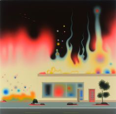 an abstract painting of a building with fire coming out of the windows and trees in front of it