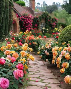 a garden with many different colored flowers on the ground and in front of a house