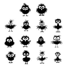 black and white silhouettes of different types of birds with big eyes on their faces