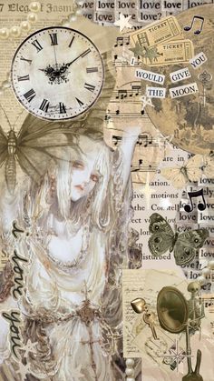 an altered collage with clocks, music notes, and other things in the background