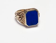 Lapis Men's Ring. Antique engraved 14K yellow gold lapis men's ring. Luxury Antique Engraved Men's Ring, Blue Antique Signet Ring For Formal Occasions, Formal Blue Engraved Signet Ring, Carved 14k Gold Signet Ring For Formal Occasions, Carved Signet Ring In 14k Gold For Formal Occasions, Formal Carved Signet Ring In 14k Gold, Gold Ring Men, Mens Pinky Ring, Mens Gemstone Rings