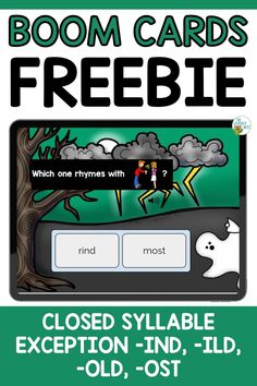 a poster with text that reads, boom cards freebie closed sylabe exception - ind