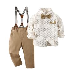 Baby Boys Pants Sets,Toddler Gentleman Outfits, Infant Long Sleeve Shirt + Pants + Bow Tie + Vest Gentlemen Outfit, Stylish Baby Boy, Outfit Beige