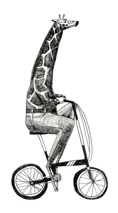 a black and white drawing of a giraffe riding on a bike with its head turned to the side