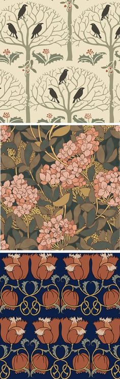 four different wallpapers with birds and flowers on them, all in various colors