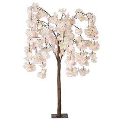 a white tree with lots of pink flowers on it's trunk and branches in front of a white background