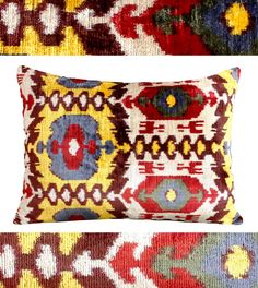 two pillows with different patterns on them, one in red and the other in yellow