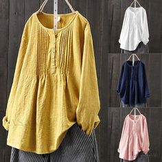 Lasaky - Casual long-sleeved cotton-linen loose-fit pullover shirt High Neck Shirts, Winter Blouses, Sleeve Stencil, Loose Fit Shirts, Round Neck Shirt, Oversized Tunic, Woman Clothes, Cotton Pullover, Loose Blouse