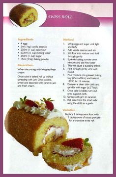 an advertisement for swiss roll with strawberries and cream on the inside, in english