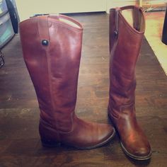 Brown Leather Melissa Button Boots Made By Frye. Somewhat Worn. Classic Boots With Buttons And Round Toe, Leather Boots With Button Closure And Round Toe, Classic Leather Boots With Buttons, Fall Boots With Button Closure And Round Toe, Womens Frye Boots, Frye Suede Ankle Boots, Frye Boots Belk, Frye Riding Boots, Frye Shoes