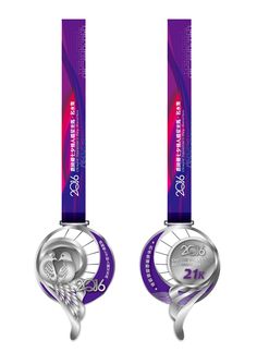 two silver medals with purple ribbons on them