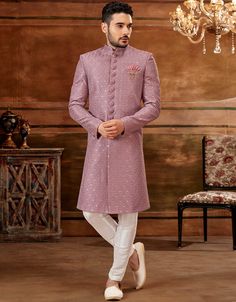 Onion Kurta Art Embroidered Banarasi Silk Aligadhi Pant Dress For Men For Engagement, Embroidered Semi-stitched Art Silk Bandhgala, Ceremonial Embroidered Traditional Fit Bandhgala, Embroidered Art Silk Bandhgala For Diwali, Embroidered Semi-stitched Art Silk Sherwani, Diwali Embroidered Art Silk Bandhgala, Pink Embroidered Semi-stitched Sherwani, Engagement Dress Men, Festive Embroidered Traditional Fit Sherwani