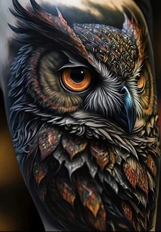 an owl with orange eyes is shown in this tattoo art work on the arm and shoulder