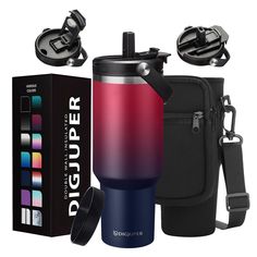 thermos and other items are on display in this graphic style image, including an insulated bag