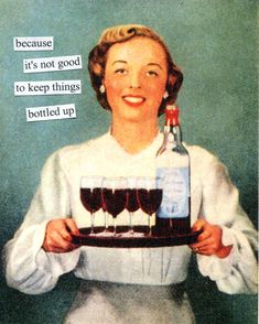 a woman holding a tray with wine glasses on it and an advertisement for bottling