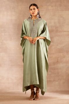 Shop for JAYANTI REDDY Green Silk Neckline Embroidered Kaftan for Women Online at Aza Fashions Green Kaftan, Kaftan Sleeves, Embroidery Zardozi, Jayanti Reddy, Kaftan For Women, Western Dresses For Women, Embroidered Kaftan, Printed Long Skirt, Zardozi Embroidery