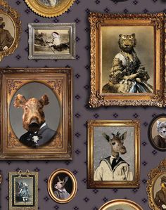 a wall covered in pictures and framed animal heads