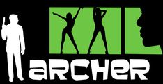 the logo for archer with two silhouettes in front of green and black background that says,