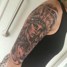 Indian Sleeve Tattoos For Women, Indian Wolves Tattoo, Indian Wolf Tattoos For Women, Indian Tattoo Leg Sleeve, Wolf Indian Headdress Tattoo, Warrior Lady Tattoo, Indian With Headdress Tattoo, Woman Indian Tattoo, Indian Arm Tattoos For Women