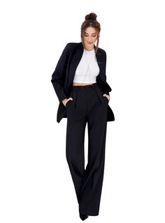 2-piece womens blazer trouser suit for office, business meetings, formal events and special occasions DETAILS -  straight long pants -  high rise -  blazer is buttoned -  blazer is characterized by uneven bottom: back is longer than the front part -  lined DETAILS Blazer length 30 1/3 inches or 77 cm Sleeve length is 24,6 inches or 62,5 cm Pants length 47,2 in or 120 cm Inseam 34,6 inches or 88 cm MATERIAL Premium quality suiting fabric, which consists of viscose mostly and a bit of polyester an Pantsuits For Women Black, Sleek Wide-leg Pantsuit For Business, Sleek Wide Leg Pantsuit For Business, Sleek High-waisted Business Pantsuit, Sleek High-waisted Pantsuit For Business, Tailored High-waisted Pantsuit For Office, Sleek Office Wear Pantsuit With Suit Collar, Fall Office Suits With Straight Pants, Fall Business Pantsuit With High-waisted Pants