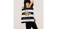 This personalized "Classic Black White Stripes Floral Shopping" Tote Bag is a great every day bag to take you through your day! Carry a custom tote bag and head out to the street, supermarket, school, or park. It's a perfect way to show off your own style. Customizable Casual Bag For Everyday Use, Casual Customizable Bags For Everyday Use, Casual Customizable Bags For Everyday, Personalized White Bags For Shopping, Customizable Black Everyday Bags, Customizable Black Tote Shoulder Bag, Customizable Black Bag For Daily Use, Customizable Black Canvas Bag For Daily Use, Customizable Black Canvas Bag For Everyday Use