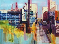 an abstract painting of cityscape with cars driving down the road and buildings in the background