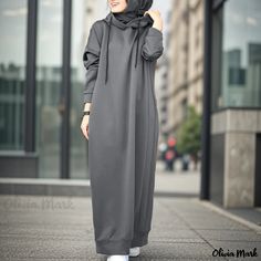 Olivia Mark - Plush Hooded Drawstring Sweater with Solid Color, Loose Fit, Casual Pocket, and Long Sleeves Hoodie Sweatshirt Dress, Sundress Casual, Stylish Hoodies, Long Sweater Dress, Muslim Dress, Hooded Dress, Long Sleeve Maxi, Long Hoodie, Sweatshirt Dress