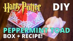 a harry potter peppermint toad box and recipe on a wooden table with the words diy