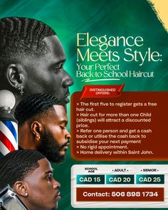 the flyer for elegance meets style's back to school haircuts is shown