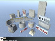 a bunch of concrete blocks and barriers on a blue background