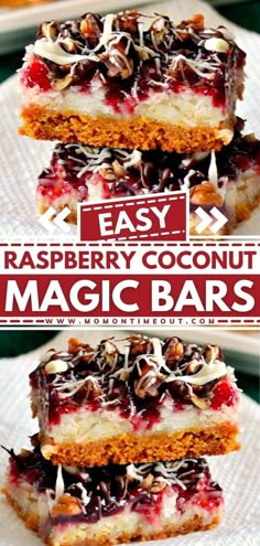 raspberry coconut magic bars stacked on top of each other with text overlay