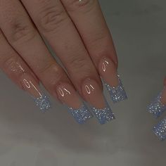 Fancy Prom Nails, Latina Nail Inspo Medium, Baby Blue Acrylic Nails, Hoco Nails, Girl Prom, Blue Glitter Nails, Prom Inspo, Glittery Nails, 2024 Prom