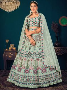 Pista Green Multi Thread Embroidered Georgette Wedding Wear Lehenga Choli Lehenga With Belt, Navratri Collection, Georgette Material, Pista Green, Georgette Lehenga, Resham Work, Party Wear Lehenga Choli, Work Lehenga, Lehenga Wedding