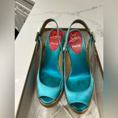 Menorca Peep Toe, Slingback, Espadrille 3.5" Wedge Sandals By Christian Louboutin. Turquoise Satin Uppers With Contrasting Gold Stitching. Made In Spain. Used See Photos Menorca, Espadrille Shoes, Christian Louboutin Shoes, Blue Gold, Wedge Sandals, Christian Louboutin, Espadrilles, Spain, Wedges