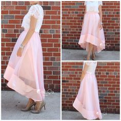 Donna Blush Pink High-Low Satin Organza & Tulle Skirt  #tulle #skirt #whimsical #tulleskirt #tutu Blush Pink Skirt, Skirt Tulle, Button Fashion, How To Make Skirt, Lace Bolero, Tulle Skirts, Organza Skirt, Layered Tulle Skirt, Chic Gowns