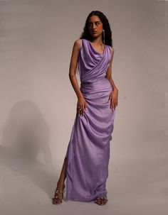 Chic Draped Ruched Gown, Pre-draped Silk Evening Dress, Pre-draped Party Dress With Ruched Sides, Ruched Satin Maxi Evening Dress, Floor-length Silk Dress With Folds, Silk Floor-length Dress With Folds, Silk Evening Dress With Ruched Sides, Satin Draped Maxi Dress, Silk Draped Dress With Ruched Back