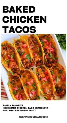 baked chicken tacos on a plate with text overlay that reads baked chicken tacos