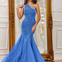 New! Beautiful Blue Great Style Dress That Flows. You Will Feel Amazing In This Dress. Wow! Very Nice 50s Prom Dresses, Green Evening Gowns, Satin Evening Gown, Silver Gown, Vintage Formal Dresses, Strapless Prom Dress, Formal Dresses With Sleeves, Prom Girl Dresses, Sequence Dress