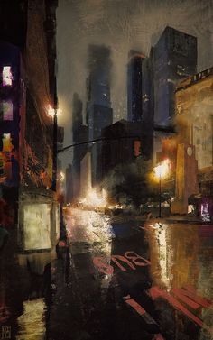 a painting of a city street at night with traffic lights and buildings in the background