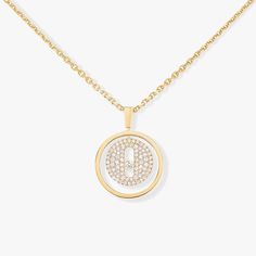 Worn to accentuate a neckline with a touch of elegance or layered with another diamond necklace for an on-trend look, the Lucky Move medallion pendant with pavé diamonds is the new timeless diamond jewel by Messika. Set with diamonds, this yellow gold diamond necklace reimagines the famous Move motif with pure elegance. You’ll love its chain, which has a sliding system that makes it possible to adjust the diamond necklace to the length of your choice. You'll love this yellow gold diamond necklac Modern Diamond White Necklaces With Diamond Accents, Modern Diamond White Diamond Necklaces, Modern Diamond Necklace With Accents, Luxury Diamond Necklace With Single Cut Diamonds, Formal White Gold Diamond Necklace With Detachable Pendant, Modern Diamond Necklace In Diamond White, Dazzling Diamond Necklace With Pave Setting, Modern Pendant Necklaces With Diamond Accents, Modern Pendant Necklace With Diamond Accents