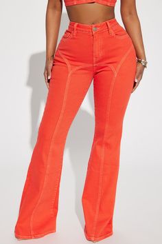 Mid-rise Solid Color Denim Flare Jeans, Orange Flare Pants, Orange Flare Jeans, Casual Orange Denim Jeans, Red Mid-rise Flare Jeans In Denim, Mid Rise Flare Jeans, Streetwear Chic, Sweater Jumpsuit, Cropped Denim Jacket