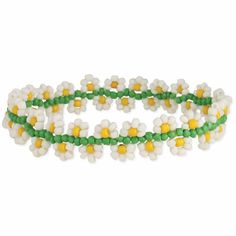 Leave those daisies in the field and pick up this beaded daisy chain stretch bracelet! This green beaded stretch bracelet is surrounded by dozens of white and yellow beaded daisies. Add this adorable daisy chain stretch bracelet to your bracelet layers for a splash of floral fun! • Handmade in India • Beaded flower stretch bracelet strung on sturdy elastic cord • White daisy stretch bracelet perfect for garden lovers! • Measurements (approx.) 1/2" wide Miss Porter's School Adjustable Daisy Bracelets For Spring, White Round Beaded Friendship Bracelets For Spring, White Flower Friendship Bracelets For Spring, Cute White Friendship Bracelets For Spring, Spring White Adjustable Stretch Bracelet, Adjustable White Stretch Bracelet For Spring, Spring Green Beaded Bracelet With Round Beads, Adjustable Stretch Bracelet For Spring, Spring Flower-shaped Green Beaded Bracelets