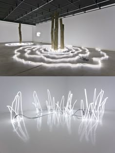 two different views of an art installation with white lights