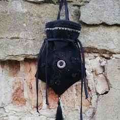 "Small drawstring black fabric belt bag with hand made embroidery in the front. The bag is fully lined. Bag's height  10,2\" (26cm)" Gothic Black Shoulder Bag For Festivals, Black Pouch Shoulder Bag For Festivals, Handmade Medieval Pouch For Larp, Traditional Black Pouch Bag, Medieval Bag, Bag Of Holding, Magic Bag, Dice Bag, Fabric Belt